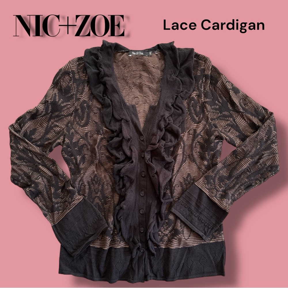 Nic +‎ Zoe Black Lacey Design Button Down Sweater